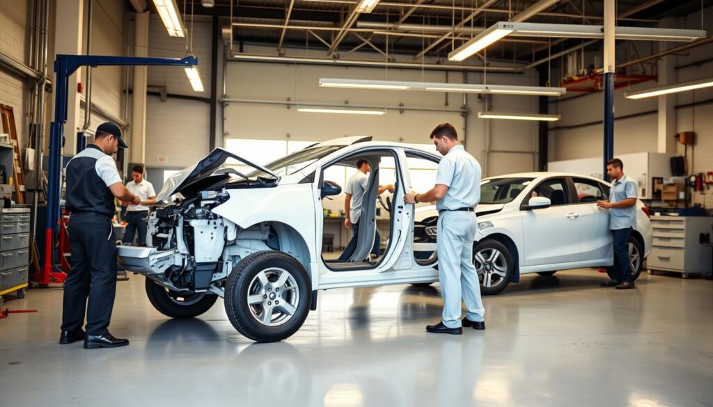 A modern, well-equipped collision repair workshop in San Antonio. In the foreground, a process vehicle stands prominently, its gleaming bodywork freshly restored after a collision. Technicians in crisp uniforms move with precision, carefully examining the vehicle and preparing it for the next stage of the repair process. The middle ground reveals an organized workspace, with specialized tools and equipment neatly arranged, signifying the expertise and attention to detail that defines the Miracle Body and Paint approach. In the background, the facility's bright, well-lit interior sets the stage for a seamless, professional collision repair experience. A modern, well-equipped collision repair workshop in San Antonio. In the foreground, a process vehicle stands prominently, its gleaming bodywork freshly restored after a collision. Technicians in crisp uniforms move with precision, carefully examining the vehicle and preparing it for the next stage of the repair process. The middle ground reveals an organized workspace, with specialized tools and equipment neatly arranged, signifying the expertise and attention to detail that defines the Miracle Body and Paint approach. In the background, the facility's bright, well-lit interior sets the stage for a seamless, professional collision repair experience.