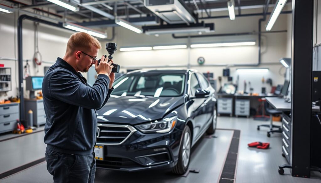 A state-of-the-art ADAS (Advanced Driver-Assistance Systems) calibration station in a well-equipped collision repair facility. In the foreground, a technician meticulously aligns cameras and sensors on a vehicle's front-end, ensuring precise recalibration. The middle ground showcases the specialized equipment and software used to validate the ADAS functionality, with digital displays and diagnostic tools. The background features the organized workspace, with tools, workbenches, and safety gear, conveying a professional, tech-savvy atmosphere. Soft, directional lighting illuminates the scene, highlighting the intricate details of the calibration process. The overall mood is one of focused precision, emphasizing the importance of restoring vehicle safety systems to factory specifications after collision repair. A state-of-the-art ADAS (Advanced Driver-Assistance Systems) calibration station in a well-equipped collision repair facility. In the foreground, a technician meticulously aligns cameras and sensors on a vehicle's front-end, ensuring precise recalibration. The middle ground showcases the specialized equipment and software used to validate the ADAS functionality, with digital displays and diagnostic tools. The background features the organized workspace, with tools, workbenches, and safety gear, conveying a professional, tech-savvy atmosphere. Soft, directional lighting illuminates the scene, highlighting the intricate details of the calibration process. The overall mood is one of focused precision, emphasizing the importance of restoring vehicle safety systems to factory specifications after collision repair.