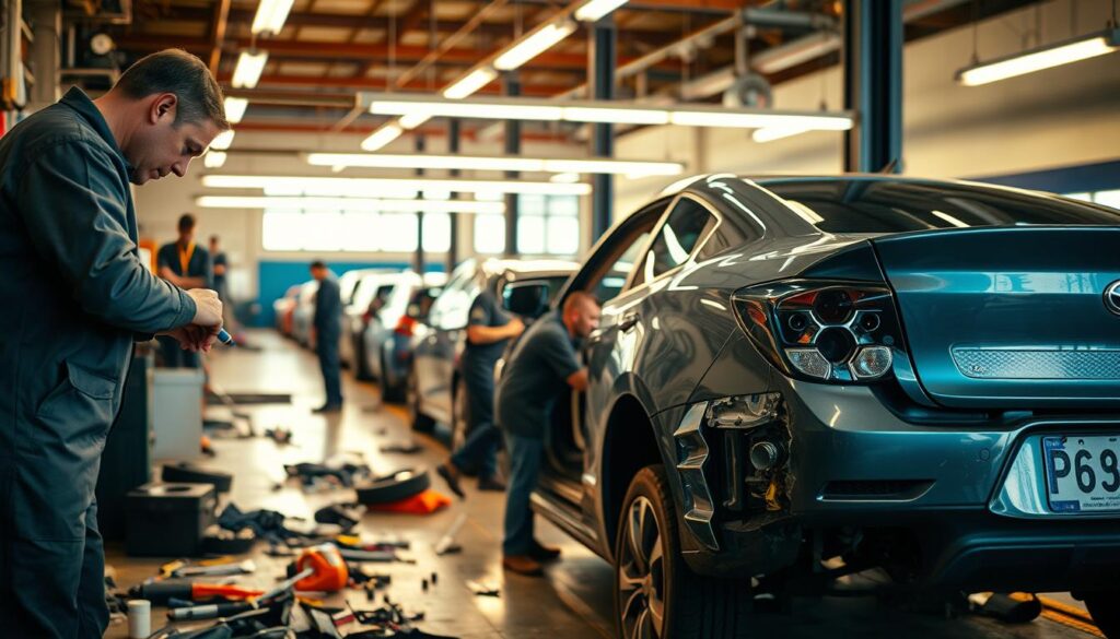A bustling auto repair shop, with mechanics hard at work on a damaged vehicle. In the foreground, a technician carefully inspects the car's frame, assessing the extent of the collision damage. Scattered tools and spare parts litter the workspace, conveying a sense of focused activity. In the middle ground, another worker skillfully applies filler to the dented panel, smoothing it to perfection. Overhead, bright fluorescent lights cast a warm, industrial glow, illuminating the intricate process. In the background, additional vehicles await their turn, a testament to the shop's efficient collision repair services. The scene exudes a sense of expertise and dedication to restoring vehicles to their pre-accident condition and getting customers back on the road. A bustling auto repair shop, with mechanics hard at work on a damaged vehicle. In the foreground, a technician carefully inspects the car's frame, assessing the extent of the collision damage. Scattered tools and spare parts litter the workspace, conveying a sense of focused activity. In the middle ground, another worker skillfully applies filler to the dented panel, smoothing it to perfection. Overhead, bright fluorescent lights cast a warm, industrial glow, illuminating the intricate process. In the background, additional vehicles await their turn, a testament to the shop's efficient collision repair services. The scene exudes a sense of expertise and dedication to restoring vehicles to their pre-accident condition and getting customers back on the road.