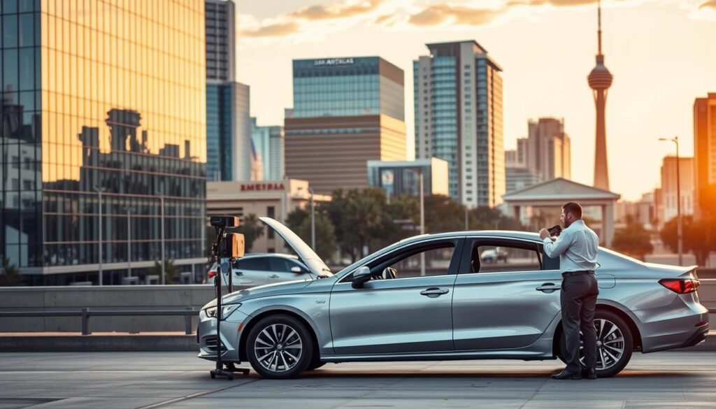 A bustling urban landscape in San Antonio, Texas, with the iconic Tower of the Americas standing tall in the background. In the foreground, a state-of-the-art auto repair facility, its sleek glass facade reflecting the warm afternoon sunlight. Technicians in crisp uniforms are carefully calibrating the advanced driver-assistance systems (ADAS) of a late-model sedan, using specialized equipment and meticulously following industry-standard protocols. The scene conveys a sense of professionalism, attention to detail, and the importance of proper ADAS calibration after auto body repair, ensuring the safety and performance of the vehicle.