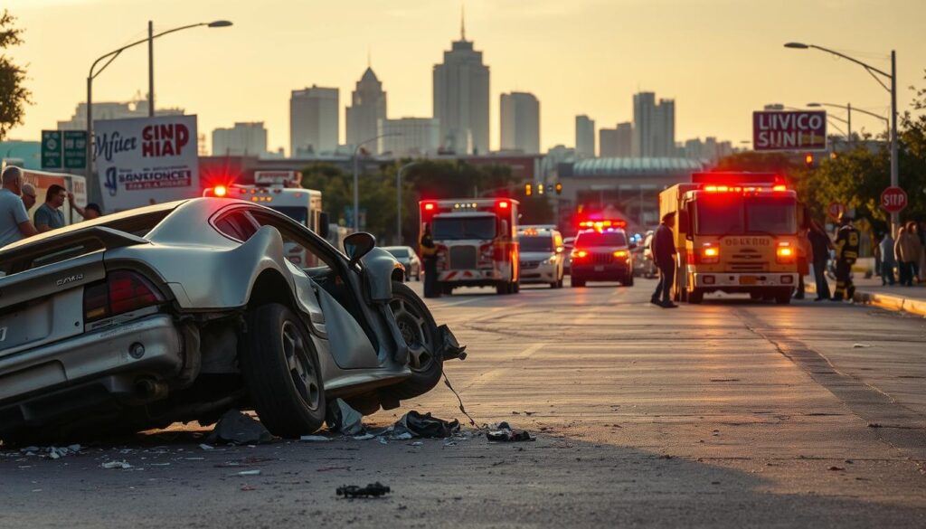A chaotic street scene in San Antonio, Texas, unfolds in the late afternoon light. In the foreground, a mangled sedan lies on its side, its crumpled frame a testament to the force of the collision. Shards of glass and debris litter the pavement, while bystanders gather, their expressions a mix of concern and curiosity. In the middle ground, emergency vehicles with flashing lights converge, their sirens wailing, as first responders rush to assess the situation and provide aid. In the background, the cityscape of San Antonio rises, its towering skyscrapers and bustling streets a stark contrast to the unfolding drama. The scene evokes a sense of urgency and the need for immediate action in the aftermath of a serious car accident.