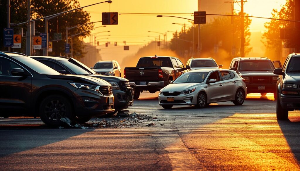A city street intersection at sunset, with cars, trucks, and SUVs of various makes and models engaged in a series of realistic collision scenarios. The foreground features a dramatic head-on collision between a sedan and an SUV, glass and debris scattered across the pavement. In the middle ground, a rear-end collision between a compact car and a pickup truck, their bumpers crumpled. In the background, a side-impact collision between a van and a sedan, their doors caved in. The scene is illuminated by warm, golden sunlight filtering through the hazy sky, casting long shadows and creating a sense of depth and drama. The camera angle is slightly elevated, capturing the full scope of the collision scenes below. A city street intersection at sunset, with cars, trucks, and SUVs of various makes and models engaged in a series of realistic collision scenarios. The foreground features a dramatic head-on collision between a sedan and an SUV, glass and debris scattered across the pavement. In the middle ground, a rear-end collision between a compact car and a pickup truck, their bumpers crumpled. In the background, a side-impact collision between a van and a sedan, their doors caved in. The scene is illuminated by warm, golden sunlight filtering through the hazy sky, casting long shadows and creating a sense of depth and drama. The camera angle is slightly elevated, capturing the full scope of the collision scenes below.