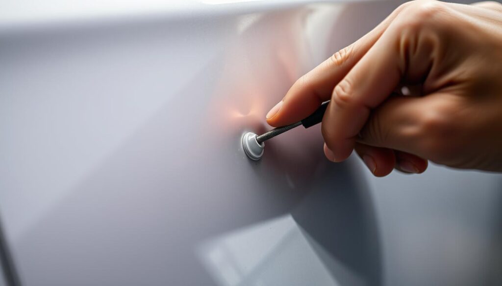 A close-up view of a car door with a dent, illuminated by soft, directional lighting from the side. The dent is subtle, with a slightly crumpled surface texture. In the foreground, a technician's hand is gently using a specialized tool to massage the metal, gradually restoring its original shape without the need for paint. The background is blurred, creating a sense of focus on the delicate repair process. The overall mood is one of precision, care, and the expertise required to perform paintless dent repair effectively.
