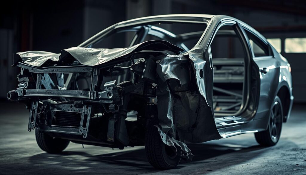 A damaged car frame with visible deformation and structural integrity issues, captured in a high-contrast, cinematic lighting setup. The frame is the main focus, showcasing bent, twisted, or crumpled metal parts, with a sense of underlying instability and potential danger. The background is slightly blurred, placing emphasis on the frame's compromised condition. The image should convey a sense of caution and the potential hazards of driving a vehicle with frame damage. A damaged car frame with visible deformation and structural integrity issues, captured in a high-contrast, cinematic lighting setup. The frame is the main focus, showcasing bent, twisted, or crumpled metal parts, with a sense of underlying instability and potential danger. The background is slightly blurred, placing emphasis on the frame's compromised condition. The image should convey a sense of caution and the potential hazards of driving a vehicle with frame damage.