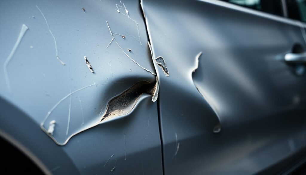 A detailed close-up view of a damaged car's exterior, showcasing various areas of dents, scratches, and paint scuffs. The lighting is soft and diffuse, casting gentle shadows that accentuate the vehicle's contours. The angle is slightly angled, providing a comprehensive perspective of the damage. The background is blurred, keeping the focus firmly on the car's condition. The overall mood is one of careful documentation, conveying the importance of thoroughly recording the accident's aftermath for a smooth collision repair process. A detailed close-up view of a damaged car's exterior, showcasing various areas of dents, scratches, and paint scuffs. The lighting is soft and diffuse, casting gentle shadows that accentuate the vehicle's contours. The angle is slightly angled, providing a comprehensive perspective of the damage. The background is blurred, keeping the focus firmly on the car's condition. The overall mood is one of careful documentation, conveying the importance of thoroughly recording the accident's aftermath for a smooth collision repair process.