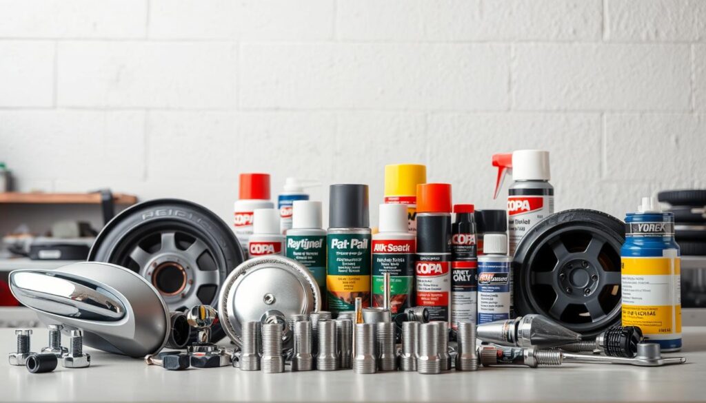 A detailed still life arrangement showcasing various automobile parts and materials, including a selection of original equipment manufacturer (OEM) components, CAPA-certified parts, and aftermarket options. The foreground features a mix of polished chrome and matte-finished metal components, such as a car door handle, a side mirror, and a set of lug nuts. In the middle ground, a variety of automotive paints, sealants, and adhesives are neatly arranged, with their labels clearly visible. The background depicts a clean, well-lit workshop setting, with a neutral-toned wall serving as a simple, uncluttered backdrop. The lighting is soft and diffused, accentuating the textures and colors of the parts and materials, creating a professional, informative, and visually appealing composition. A detailed still life arrangement showcasing various automobile parts and materials, including a selection of original equipment manufacturer (OEM) components, CAPA-certified parts, and aftermarket options. The foreground features a mix of polished chrome and matte-finished metal components, such as a car door handle, a side mirror, and a set of lug nuts. In the middle ground, a variety of automotive paints, sealants, and adhesives are neatly arranged, with their labels clearly visible. The background depicts a clean, well-lit workshop setting, with a neutral-toned wall serving as a simple, uncluttered backdrop. The lighting is soft and diffused, accentuating the textures and colors of the parts and materials, creating a professional, informative, and visually appealing composition.