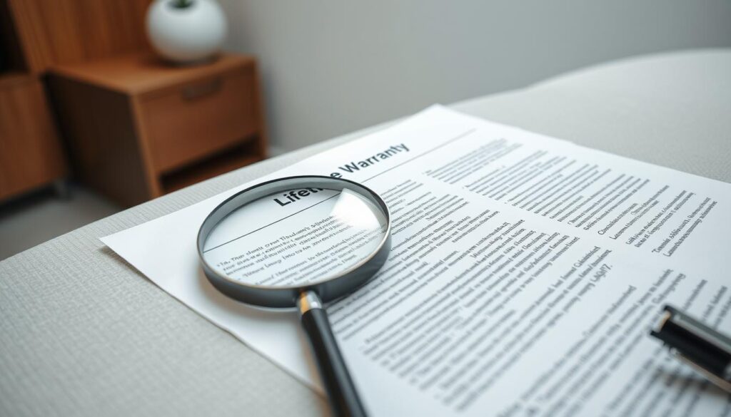 A detailed, well-lit photograph of a lifetime warranty document on a smooth, textured surface. The foreground features the warranty contract open, showcasing the fine print and legal clauses in a clear, legible font. The middle ground shows a magnifying glass gently resting on the document, highlighting the intricacies of the warranty terms. The background subtly depicts a clean, minimalist office setting, with soft, diffused lighting that creates a sense of professionalism and credibility. The overall composition conveys the importance and significance of understanding the true scope and limitations of a lifetime warranty for auto body repairs. A detailed, well-lit photograph of a lifetime warranty document on a smooth, textured surface. The foreground features the warranty contract open, showcasing the fine print and legal clauses in a clear, legible font. The middle ground shows a magnifying glass gently resting on the document, highlighting the intricacies of the warranty terms. The background subtly depicts a clean, minimalist office setting, with soft, diffused lighting that creates a sense of professionalism and credibility. The overall composition conveys the importance and significance of understanding the true scope and limitations of a lifetime warranty for auto body repairs.