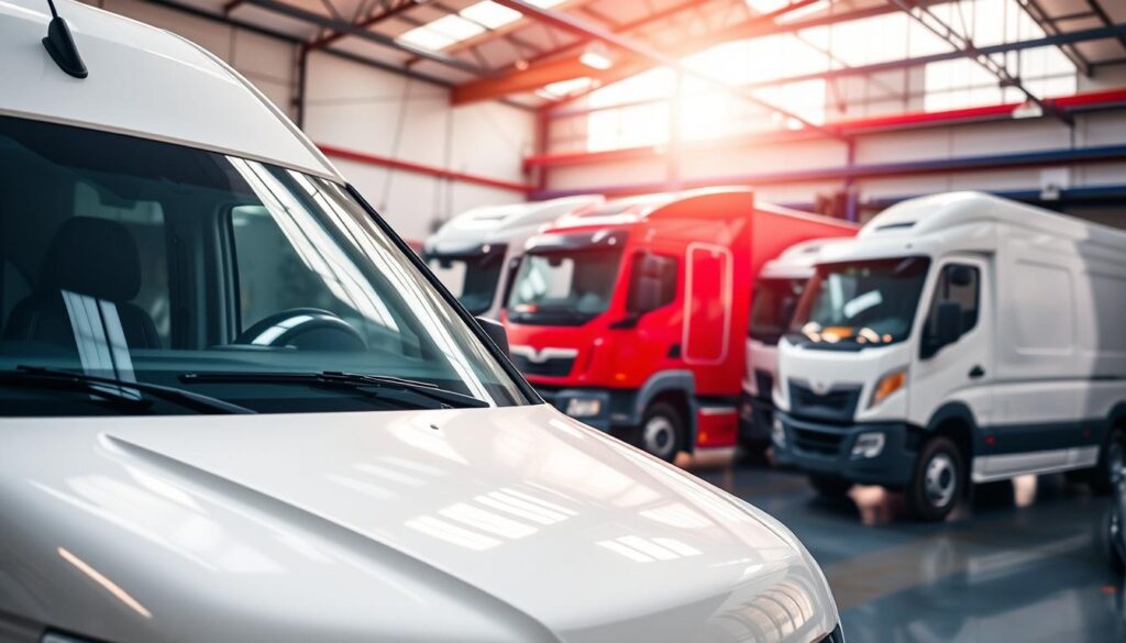 A fleet of commercial vehicles under a warm, natural lighting, with a focus on the detailed exterior paint work. In the foreground, a freshly painted van reflects the sunlight, showcasing the vibrant colors and glossy finish. In the middle ground, a row of company trucks lined up, their pristine paint accentuating the professional image. The background features a well-equipped auto body shop, hinting at the skilled technicians who meticulously restored the fleet's appearance. The overall scene conveys a sense of pride, reliability, and attention to detail that a business would want to project to its customers. A fleet of commercial vehicles under a warm, natural lighting, with a focus on the detailed exterior paint work. In the foreground, a freshly painted van reflects the sunlight, showcasing the vibrant colors and glossy finish. In the middle ground, a row of company trucks lined up, their pristine paint accentuating the professional image. The background features a well-equipped auto body shop, hinting at the skilled technicians who meticulously restored the fleet's appearance. The overall scene conveys a sense of pride, reliability, and attention to detail that a business would want to project to its customers.