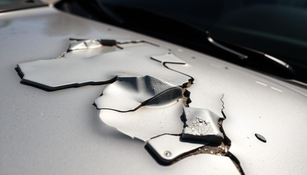 A heavily dented car hood, the surface marred by a series of deep indentations caused by a severe hailstorm. The metal is crumpled and distorted, with a matte, weathered appearance. The lighting is harsh, casting dramatic shadows that accentuate the damaged areas. The angle is from the side, highlighting the contours of the hood and the extent of the hail damage. The background is blurred, placing the focus solely on the damaged hood. The overall mood is one of disrepair and the need for immediate attention, reflecting the common scenario faced by San Antonio residents dealing with the aftermath of a hailstorm. A heavily dented car hood, the surface marred by a series of deep indentations caused by a severe hailstorm. The metal is crumpled and distorted, with a matte, weathered appearance. The lighting is harsh, casting dramatic shadows that accentuate the damaged areas. The angle is from the side, highlighting the contours of the hood and the extent of the hail damage. The background is blurred, placing the focus solely on the damaged hood. The overall mood is one of disrepair and the need for immediate attention, reflecting the common scenario faced by San Antonio residents dealing with the aftermath of a hailstorm.