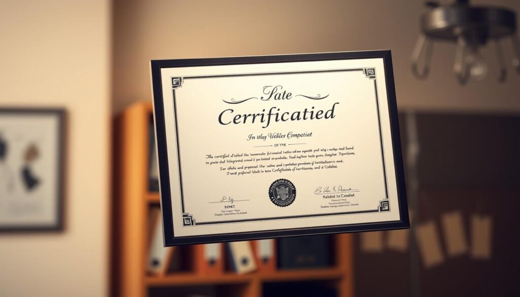 A high-quality certification document floating in a well-lit, professional office setting. The certificate is prominently displayed, its crisp edges and clean design lending an air of authority. Soft, warm lighting illuminates the page, casting gentle shadows that accentuate the embossed seal and elegant typeface. In the background, a blurred bookshelf or filing cabinet hints at the rigorous training and stringent standards required to earn this credential. The overall scene conveys a sense of trust, expertise, and the importance of certified competence in the automotive repair industry. A high-quality certification document floating in a well-lit, professional office setting. The certificate is prominently displayed, its crisp edges and clean design lending an air of authority. Soft, warm lighting illuminates the page, casting gentle shadows that accentuate the embossed seal and elegant typeface. In the background, a blurred bookshelf or filing cabinet hints at the rigorous training and stringent standards required to earn this credential. The overall scene conveys a sense of trust, expertise, and the importance of certified competence in the automotive repair industry.
