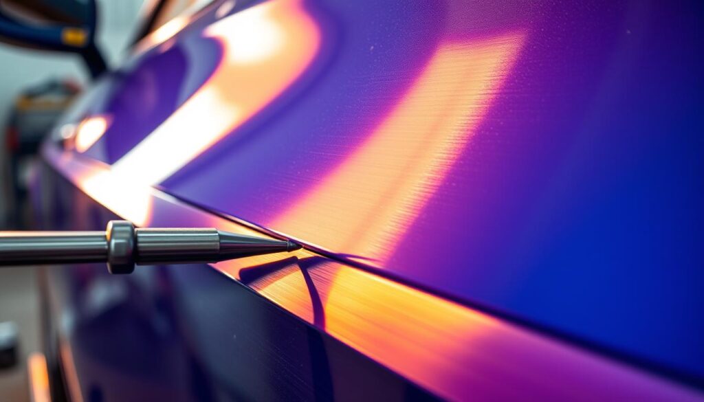 A meticulously detailed close-up of a car's freshly repaired paint surface in a professional auto body shop in San Antonio. Bright, warm lighting illuminates the flawless finish, highlighting the smooth, even texture and seamless blending of the new paint with the surrounding areas. The brushed metal of the tools and equipment in the foreground suggest the precision and care taken in the repair process. The background is slightly blurred, drawing the viewer's eye to the central focus - the repaired panel, a testament to the skilled craftsmanship of the local automotive technicians. A meticulously detailed close-up of a car's freshly repaired paint surface in a professional auto body shop in San Antonio. Bright, warm lighting illuminates the flawless finish, highlighting the smooth, even texture and seamless blending of the new paint with the surrounding areas. The brushed metal of the tools and equipment in the foreground suggest the precision and care taken in the repair process. The background is slightly blurred, drawing the viewer's eye to the central focus - the repaired panel, a testament to the skilled craftsmanship of the local automotive technicians.