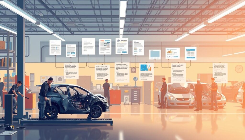 A meticulously detailed illustration of an "insurance repair timeline" against the backdrop of a modern auto body shop. In the foreground, a wrecked sedan sits on a repair stand, surrounded by a team of technicians diligently inspecting the damage. The middle ground features a timeline of insurance paperwork, estimates, and approvals, captured in a series of neatly organized documents and digital interfaces. The background showcases the bustling activity of the shop, with various tools, equipment, and vehicles in various stages of repair. Soft, warm lighting illuminates the scene, creating a sense of efficiency and professionalism. The overall atmosphere conveys the complex, yet organized, nature of the insurance repair process. A meticulously detailed illustration of an "insurance repair timeline" against the backdrop of a modern auto body shop. In the foreground, a wrecked sedan sits on a repair stand, surrounded by a team of technicians diligently inspecting the damage. The middle ground features a timeline of insurance paperwork, estimates, and approvals, captured in a series of neatly organized documents and digital interfaces. The background showcases the bustling activity of the shop, with various tools, equipment, and vehicles in various stages of repair. Soft, warm lighting illuminates the scene, creating a sense of efficiency and professionalism. The overall atmosphere conveys the complex, yet organized, nature of the insurance repair process.