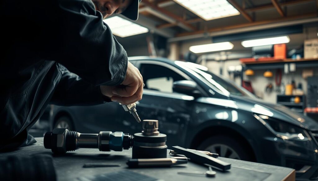 A meticulously detailed interior scene of a professional auto body repair shop, with a skilled technician carefully examining a dent-ridden vehicle under warm, diffused lighting. The foreground showcases the technician's tools and equipment, including a specialized dent removal tool, providing a glimpse into the intricate process of paintless dent repair. The middle ground features the vehicle, its surface marred by numerous dents, while the background subtly reveals the workshop's organized layout, with various tools and supplies neatly arranged, conveying a sense of expertise and attention to detail. The overall atmosphere is one of precision, focus, and the artistry of automotive restoration. A meticulously detailed interior scene of a professional auto body repair shop, with a skilled technician carefully examining a dent-ridden vehicle under warm, diffused lighting. The foreground showcases the technician's tools and equipment, including a specialized dent removal tool, providing a glimpse into the intricate process of paintless dent repair. The middle ground features the vehicle, its surface marred by numerous dents, while the background subtly reveals the workshop's organized layout, with various tools and supplies neatly arranged, conveying a sense of expertise and attention to detail. The overall atmosphere is one of precision, focus, and the artistry of automotive restoration.