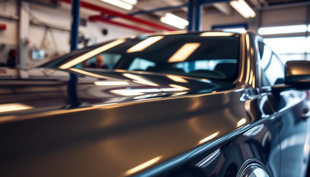 A meticulously maintained car paint job, gleaming under the soft, diffused lighting of a well-equipped auto body shop. The car's surface reflects the warm tones of the workshop, with hints of chrome trim adding depth and dimension. The paint appears flawless, a testament to the skilled technicians who have carefully attended to every detail. The overall scene conveys a sense of pride and professionalism, instilling confidence in the viewer that this is a shop that takes the protection of their investment seriously. A meticulously maintained car paint job, gleaming under the soft, diffused lighting of a well-equipped auto body shop. The car's surface reflects the warm tones of the workshop, with hints of chrome trim adding depth and dimension. The paint appears flawless, a testament to the skilled technicians who have carefully attended to every detail. The overall scene conveys a sense of pride and professionalism, instilling confidence in the viewer that this is a shop that takes the protection of their investment seriously.