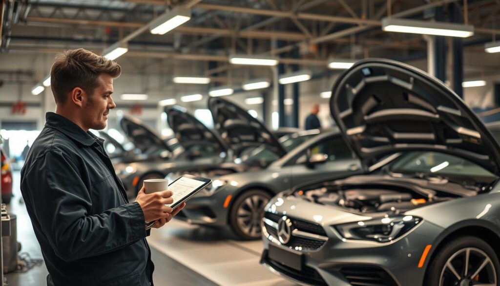 A modern auto repair shop, dimly lit with warm overhead lighting. In the foreground, a technician takes a brief respite, sipping coffee and reviewing schematics on a tablet. The middle ground features sleek, late-model vehicles undergoing inspections, their hoods open to reveal intricate engine components. In the background, the workshop buzzes with activity - tools clanking, diagnostics pinging, as other technicians work diligently to restore these vehicles to pristine condition. An atmosphere of efficiency and calm purpose pervades the scene, showcasing the precision and care taken to minimize downtime and keep businesses moving. A modern auto repair shop, dimly lit with warm overhead lighting. In the foreground, a technician takes a brief respite, sipping coffee and reviewing schematics on a tablet. The middle ground features sleek, late-model vehicles undergoing inspections, their hoods open to reveal intricate engine components. In the background, the workshop buzzes with activity - tools clanking, diagnostics pinging, as other technicians work diligently to restore these vehicles to pristine condition. An atmosphere of efficiency and calm purpose pervades the scene, showcasing the precision and care taken to minimize downtime and keep businesses moving.