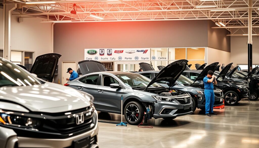 A modern, well-equipped collision center in San Antonio, with a spacious workshop showcasing skilled technicians meticulously repairing and restoring vehicles. The foreground features a lineup of cars in various stages of repair, with mechanics working diligently using high-quality OEM parts. In the middle ground, the reception area has a welcoming, professional atmosphere, with a display of certifications and insurance partner logos, conveying a sense of trust and reliability. The background depicts the facility's exterior, a sleek, state-of-the-art building with large windows, hinting at the advanced technologies and equipment within. Warm, natural lighting floods the scene, creating a harmonious and reassuring environment for customers. A modern, well-equipped collision center in San Antonio, with a spacious workshop showcasing skilled technicians meticulously repairing and restoring vehicles. The foreground features a lineup of cars in various stages of repair, with mechanics working diligently using high-quality OEM parts. In the middle ground, the reception area has a welcoming, professional atmosphere, with a display of certifications and insurance partner logos, conveying a sense of trust and reliability. The background depicts the facility's exterior, a sleek, state-of-the-art building with large windows, hinting at the advanced technologies and equipment within. Warm, natural lighting floods the scene, creating a harmonious and reassuring environment for customers.
