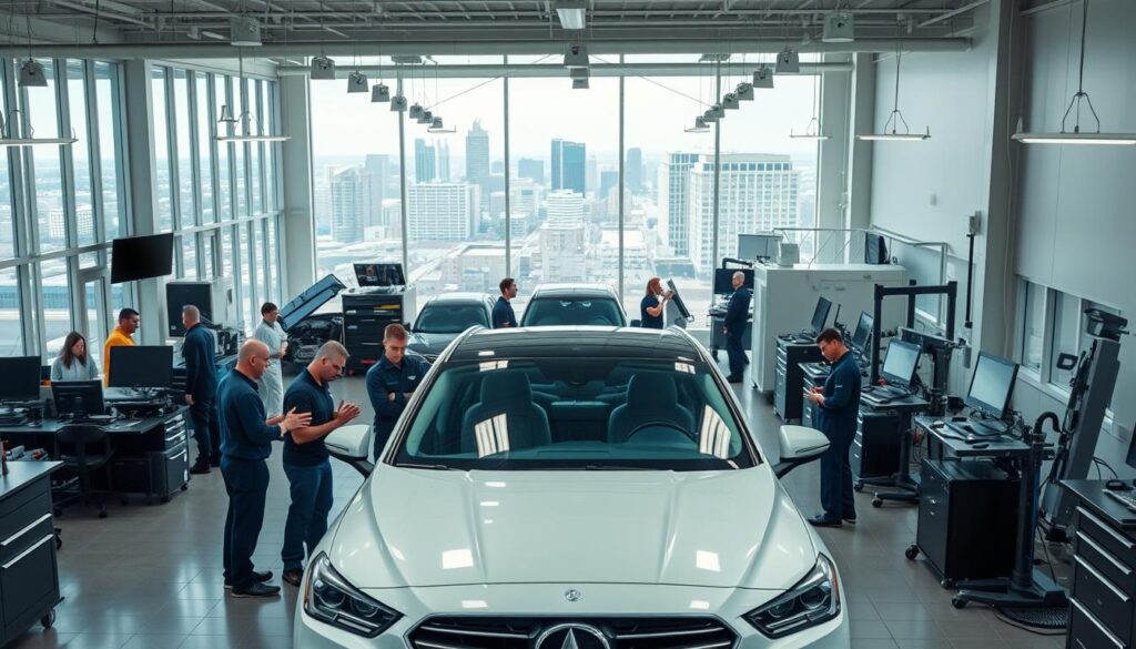 A modern, well-equipped collision center with a spacious, well-lit interior. In the foreground, a team of skilled technicians diligently inspecting a recently repaired vehicle, their attention to detail evident. The middle ground showcases a range of state-of-the-art tools and equipment, including sophisticated diagnostic computers and high-tech paint mixing stations. In the background, floor-to-ceiling windows offer a glimpse of the bustling San Antonio cityscape, conveying a sense of professionalism and attention to customer service. The overall atmosphere exudes confidence, efficiency, and a commitment to excellence in automotive repair. A modern, well-equipped collision center with a spacious, well-lit interior. In the foreground, a team of skilled technicians diligently inspecting a recently repaired vehicle, their attention to detail evident. The middle ground showcases a range of state-of-the-art tools and equipment, including sophisticated diagnostic computers and high-tech paint mixing stations. In the background, floor-to-ceiling windows offer a glimpse of the bustling San Antonio cityscape, conveying a sense of professionalism and attention to customer service. The overall atmosphere exudes confidence, efficiency, and a commitment to excellence in automotive repair.