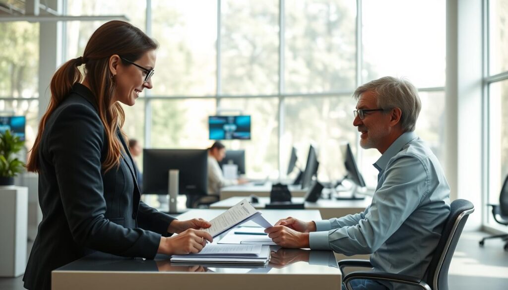 A modern, well-equipped insurance claims support center, with a professional staff assisting a customer at a desk. Bright, natural lighting filters in through large windows, creating a welcoming atmosphere. The foreground features the customer and staff member engaged in a collaborative discussion, reviewing documents and paperwork. In the middle ground, additional staff members work diligently at their computers, handling various aspects of the claims process. The background showcases the center's efficient workflow, with organizational systems and digital displays visible. An overall sense of competence, efficiency, and customer-centric service permeates the scene. A modern, well-equipped insurance claims support center, with a professional staff assisting a customer at a desk. Bright, natural lighting filters in through large windows, creating a welcoming atmosphere. The foreground features the customer and staff member engaged in a collaborative discussion, reviewing documents and paperwork. In the middle ground, additional staff members work diligently at their computers, handling various aspects of the claims process. The background showcases the center's efficient workflow, with organizational systems and digital displays visible. An overall sense of competence, efficiency, and customer-centric service permeates the scene.