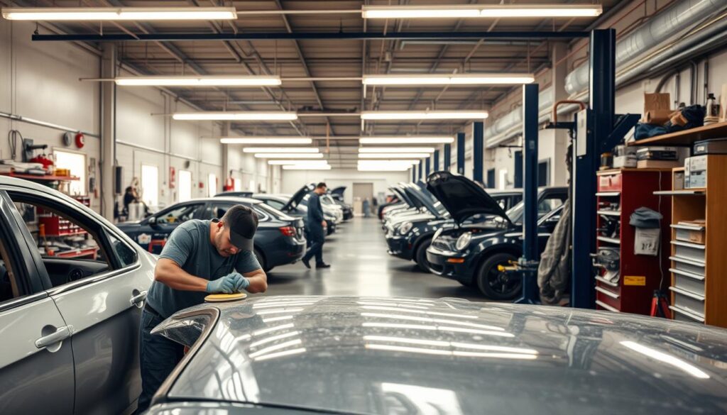 A neatly organized auto body repair shop, filled with the tools and equipment needed for intricate vehicle restoration. In the foreground, a technician carefully sands the surface of a dented car, their focus evident as they prepare it for a fresh coat of paint. The middle ground showcases a variety of vehicles in various stages of repair, each carefully attended to by skilled professionals. The background is bathed in the warm glow of fluorescent lighting, creating an atmosphere of meticulous attention to detail. The scene conveys the sense of care and expertise that San Antonio drivers seek when entrusting their vehicles to the capable hands of an auto body repair shop.