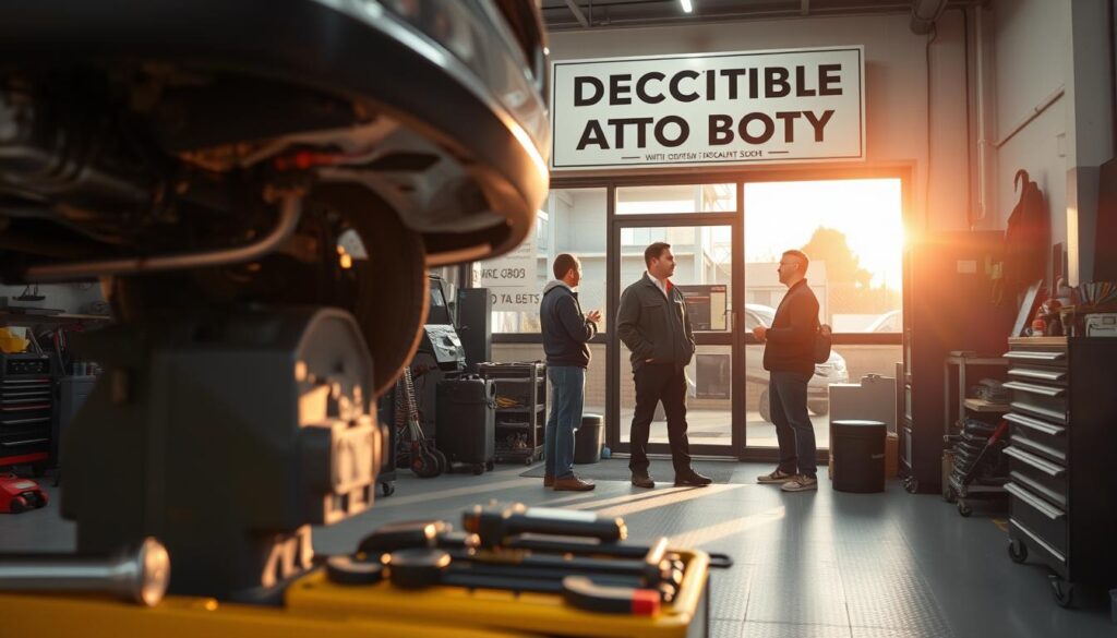 A neatly organized auto body shop, the foreground showcasing a technician carefully inspecting a vehicle's undercarriage, tools and equipment meticulously arranged. In the middle ground, a customer speaks with the shop manager, discussing potential discounts and deductible savings. The background depicts the shop's exterior, signage prominently displaying "Deductible Discounts Auto Body." Warm, natural lighting filters through the windows, creating a welcoming atmosphere. The scene conveys the efficiency and customer-centric approach of this auto body shop, ready to guide drivers through the process of maximizing their deductible discounts.