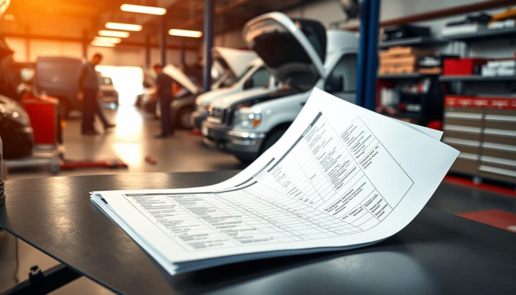 A neatly organized auto repair shop, with mechanics diligently working on a variety of vehicles. In the foreground, a detailed plan or checklist is laid out on a metal workbench, showcasing the customized maintenance schedule tailored to the fleet's specific needs. Warm, directional lighting illuminates the scene, casting subtle shadows and highlighting the precision of the maintenance process. The background features shelves of organized tools and parts, conveying a sense of expertise and professionalism. The overall atmosphere is one of efficient, client-focused service, emphasizing the benefits of a personalized approach to fleet maintenance.