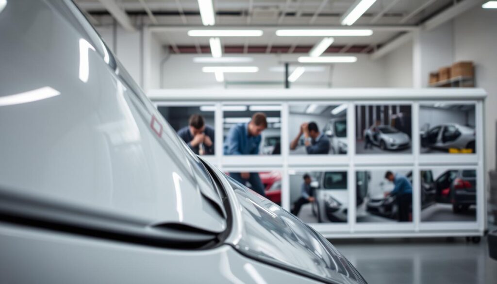 A neatly organized collection of photographs captures the step-by-step process of an insurance claim auto repair. In the foreground, a close-up of a car's damaged panel showcases the level of detail documented. The middle ground features a technician carefully measuring and assessing the repair requirements, while the background reveals the workshop's well-lit, organized workspace. The lighting is soft and diffused, creating a professional, documentary-style atmosphere. The camera angles emphasize the methodical, transparent nature of the insurance claim process, inviting the viewer to understand the care and attention to detail involved. A neatly organized collection of photographs captures the step-by-step process of an insurance claim auto repair. In the foreground, a close-up of a car's damaged panel showcases the level of detail documented. The middle ground features a technician carefully measuring and assessing the repair requirements, while the background reveals the workshop's well-lit, organized workspace. The lighting is soft and diffused, creating a professional, documentary-style atmosphere. The camera angles emphasize the methodical, transparent nature of the insurance claim process, inviting the viewer to understand the care and attention to detail involved.
