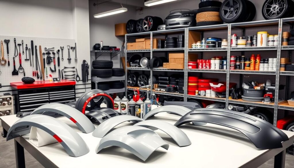 A neatly organized workshop setting, with a well-lit table showcasing an array of aftermarket car parts. In the foreground, a selection of replacement fenders, bumpers, and side mirrors, meticulously crafted to match the original design. The middle ground features a variety of high-quality paint cans and spray equipment, hinting at the customization possibilities. In the background, shelves stocked with a diverse range of aftermarket accessories, from wheels and tires to performance upgrades, all captured in a clean, crisp, and professional manner. The lighting is soft and even, creating a sense of quality and attention to detail, perfectly suited for illustrating the "OEM vs. Aftermarket Parts, Paint Choices, and Saving Money" section of the article. A neatly organized workshop setting, with a well-lit table showcasing an array of aftermarket car parts. In the foreground, a selection of replacement fenders, bumpers, and side mirrors, meticulously crafted to match the original design. The middle ground features a variety of high-quality paint cans and spray equipment, hinting at the customization possibilities. In the background, shelves stocked with a diverse range of aftermarket accessories, from wheels and tires to performance upgrades, all captured in a clean, crisp, and professional manner. The lighting is soft and even, creating a sense of quality and attention to detail, perfectly suited for illustrating the "OEM vs. Aftermarket Parts, Paint Choices, and Saving Money" section of the article.