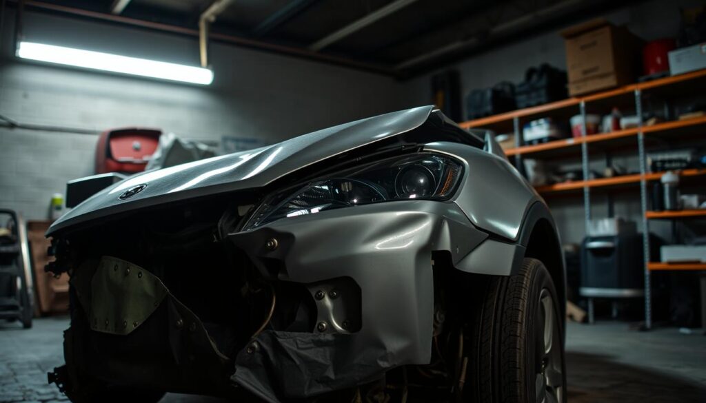 A parked car in a dimly lit garage, its crumpled front end clearly visible. The damaged body panels and exposed wiring convey a sense of disrepair and decreased value. Overhead, a single fluorescent light casts harsh shadows, emphasizing the car's battered condition. In the background, shelves stocked with automotive parts and tools suggest a repair shop setting. The overall scene evokes a melancholic mood, reflecting the significant reduction in the car's worth after the accident.