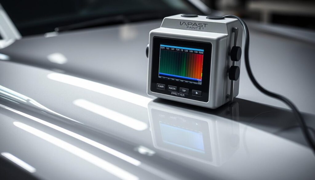 A precision spectrophotometer carefully calibrated, placed on a sleek, glossy automotive panel. The instrument's digital display shows a color spectrum, its readings indicating the exact paint match. Bright studio lighting casts crisp shadows, highlighting the panel's high-gloss finish. The scene conveys a sense of scientific rigor and technological sophistication, crucial for achieving the perfect car paint color in a professional automotive facility. A precision spectrophotometer carefully calibrated, placed on a sleek, glossy automotive panel. The instrument's digital display shows a color spectrum, its readings indicating the exact paint match. Bright studio lighting casts crisp shadows, highlighting the panel's high-gloss finish. The scene conveys a sense of scientific rigor and technological sophistication, crucial for achieving the perfect car paint color in a professional automotive facility.