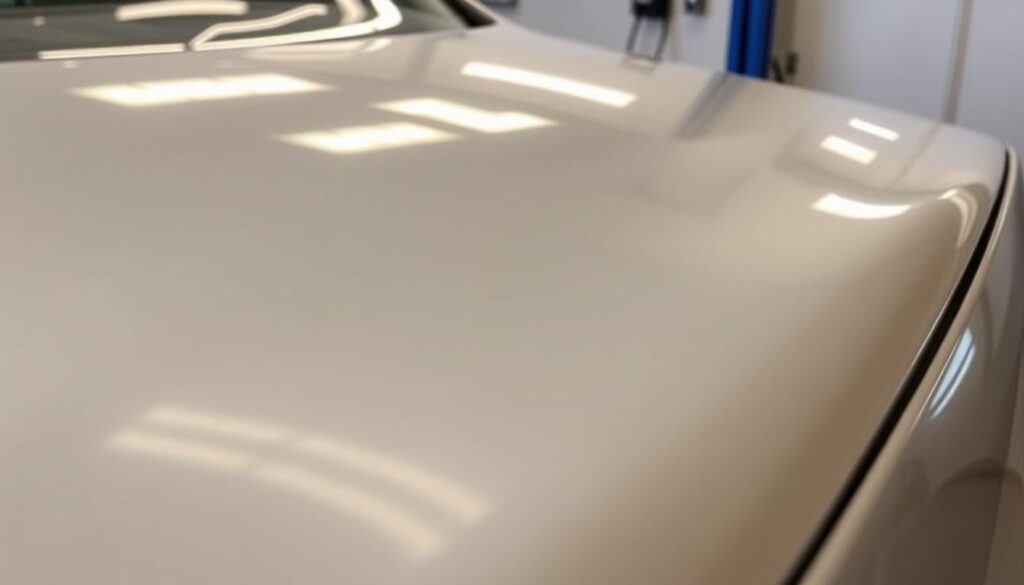 A pristine, high-gloss clear coat glistens under the warm, diffused lighting of an auto repair shop. The surface reflects the intricate contours of the vehicle, revealing a mirror-like finish that captures the essence of a freshly repainted car. The clear coat appears evenly applied, free of any visible imperfections or blemishes, creating a smooth and flawless appearance. The lighting casts subtle shadows that accentuate the depth and dimensionality of the clear coat, highlighting its protective and rejuvenating properties. This image perfectly illustrates the visual appeal and technical prowess of a full auto repainting process, where the clear coat serves as the final, protective layer that seals in the vibrant color and restores the vehicle's showroom-like luster. A pristine, high-gloss clear coat glistens under the warm, diffused lighting of an auto repair shop. The surface reflects the intricate contours of the vehicle, revealing a mirror-like finish that captures the essence of a freshly repainted car. The clear coat appears evenly applied, free of any visible imperfections or blemishes, creating a smooth and flawless appearance. The lighting casts subtle shadows that accentuate the depth and dimensionality of the clear coat, highlighting its protective and rejuvenating properties. This image perfectly illustrates the visual appeal and technical prowess of a full auto repainting process, where the clear coat serves as the final, protective layer that seals in the vibrant color and restores the vehicle's showroom-like luster.