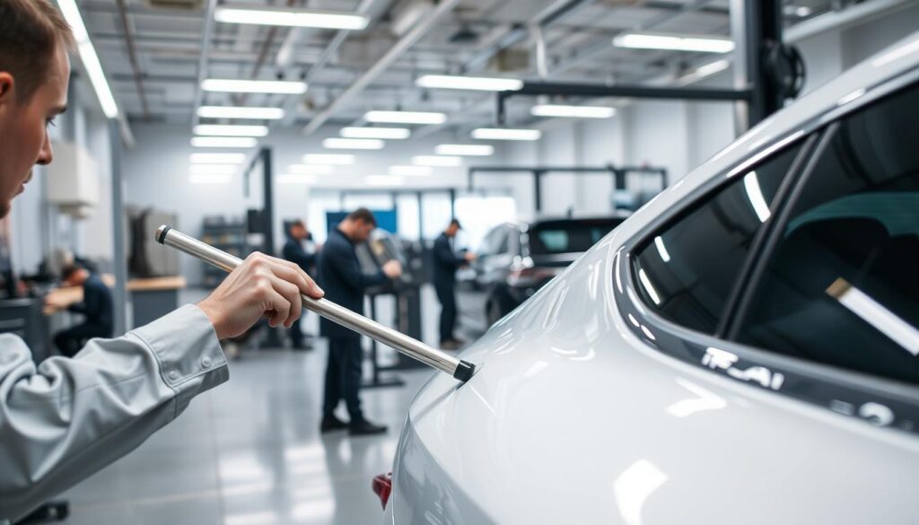 A sleek, modern auto repair shop, with a team of skilled technicians using specialized tools to carefully remove dents from the body of a vehicle. The lighting is bright and even, casting a crisp, professional atmosphere. In the foreground, a technician meticulously manipulates a metal bar, gently massaging the dent out of the car's surface, leaving no trace of the damage. In the middle ground, other technicians work diligently, their movements precise and focused. The background showcases the well-organized workshop, filled with state-of-the-art equipment and a pristine, organized workspace, conveying the expertise and dedication of Miracle Body and Paint Collision Center. A sleek, modern auto repair shop, with a team of skilled technicians using specialized tools to carefully remove dents from the body of a vehicle. The lighting is bright and even, casting a crisp, professional atmosphere. In the foreground, a technician meticulously manipulates a metal bar, gently massaging the dent out of the car's surface, leaving no trace of the damage. In the middle ground, other technicians work diligently, their movements precise and focused. The background showcases the well-organized workshop, filled with state-of-the-art equipment and a pristine, organized workspace, conveying the expertise and dedication of Miracle Body and Paint Collision Center.