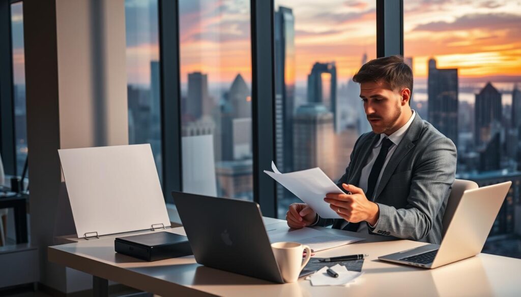 A sleek, modern office space with a large window overlooking a bustling city skyline. In the foreground, a businessman sitting at a desk, reviewing documents and contemplating the costs and value of rental reimbursement coverage. The mid-ground features a well-organized workspace with a laptop, coffee mug, and other office accessories. The background showcases the urban landscape, with skyscrapers and a vibrant, colorful sunset casting a warm glow throughout the scene. The lighting is soft and directional, creating depth and highlighting the focal points. The overall mood is one of thoughtful consideration and professional decision-making. A sleek, modern office space with a large window overlooking a bustling city skyline. In the foreground, a businessman sitting at a desk, reviewing documents and contemplating the costs and value of rental reimbursement coverage. The mid-ground features a well-organized workspace with a laptop, coffee mug, and other office accessories. The background showcases the urban landscape, with skyscrapers and a vibrant, colorful sunset casting a warm glow throughout the scene. The lighting is soft and directional, creating depth and highlighting the focal points. The overall mood is one of thoughtful consideration and professional decision-making.