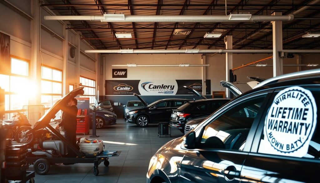 A spacious and well-equipped auto repair workshop, bathed in warm, natural lighting from large windows. In the foreground, a mechanic diligently works on a car, surrounded by tools and equipment. In the middle ground, several other vehicles await their turn, each with a prominent "Lifetime Warranty" sign displayed. The background showcases the business's branding and signage, conveying a sense of professionalism and reliability. The overall atmosphere is one of efficiency, attention to detail, and a commitment to providing customers with a worry-free automotive repair experience. A spacious and well-equipped auto repair workshop, bathed in warm, natural lighting from large windows. In the foreground, a mechanic diligently works on a car, surrounded by tools and equipment. In the middle ground, several other vehicles await their turn, each with a prominent "Lifetime Warranty" sign displayed. The background showcases the business's branding and signage, conveying a sense of professionalism and reliability. The overall atmosphere is one of efficiency, attention to detail, and a commitment to providing customers with a worry-free automotive repair experience.