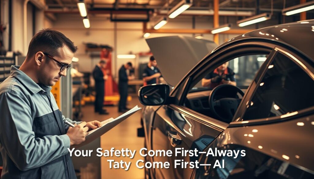 A state-of-the-art collision repair shop with technicians diligently working on a damaged vehicle. The foreground shows a technician carefully examining the dents and scratches, meticulously planning the repair process. In the middle ground, other technicians are wielding specialized tools, restoring the vehicle's structural integrity. The background reveals a well-equipped workshop with modern equipment, conveying a sense of professionalism and attention to detail. Warm, directional lighting illuminates the scene, casting shadows that highlight the precision of the work. The overall atmosphere exudes a strong emphasis on safety and customer care, reflecting the section title "Your Safety Comes First—Always". A state-of-the-art collision repair shop with technicians diligently working on a damaged vehicle. The foreground shows a technician carefully examining the dents and scratches, meticulously planning the repair process. In the middle ground, other technicians are wielding specialized tools, restoring the vehicle's structural integrity. The background reveals a well-equipped workshop with modern equipment, conveying a sense of professionalism and attention to detail. Warm, directional lighting illuminates the scene, casting shadows that highlight the precision of the work. The overall atmosphere exudes a strong emphasis on safety and customer care, reflecting the section title "Your Safety Comes First—Always".