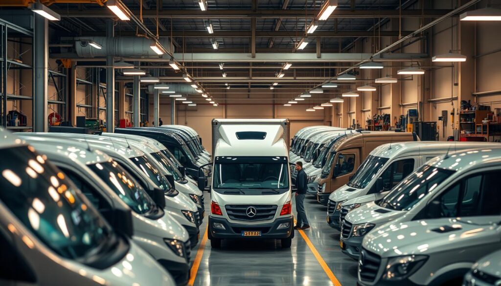 A streamlined automotive workshop, illuminated by warm overhead lighting and filled with a sense of efficiency. In the foreground, a fleet of commercial vehicles, each gleaming with a fresh coat of paint, waiting to be dispatched. In the middle ground, skilled technicians meticulously inspect and prepare the vehicles, ensuring a seamless process. The background features neatly organized shelves, tools, and a bustling workflow, conveying a well-oiled operation ready to get your fleet back on the road swiftly and with the utmost care. A streamlined automotive workshop, illuminated by warm overhead lighting and filled with a sense of efficiency. In the foreground, a fleet of commercial vehicles, each gleaming with a fresh coat of paint, waiting to be dispatched. In the middle ground, skilled technicians meticulously inspect and prepare the vehicles, ensuring a seamless process. The background features neatly organized shelves, tools, and a bustling workflow, conveying a well-oiled operation ready to get your fleet back on the road swiftly and with the utmost care.