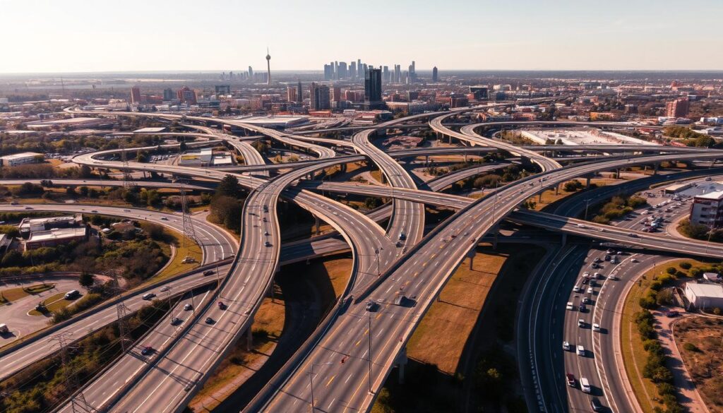 A vast network of sun-dappled asphalt winds through the heart of San Antonio, Texas. In the foreground, a well-maintained four-lane highway cuts through the urban landscape, lined with towering power lines and traffic signals. The middle ground features a complex interchange, where cars and trucks navigate the intricate web of ramps and overpasses. In the distance, a panoramic view of the city skyline, dominated by the iconic Tower of the Americas, provides a dramatic backdrop. The lighting is warm and inviting, casting long shadows across the scene. This comprehensive view captures the high-risk nature of San Antonio's roads and highways, where drivers must navigate the city's challenging infrastructure with heightened caution and awareness.