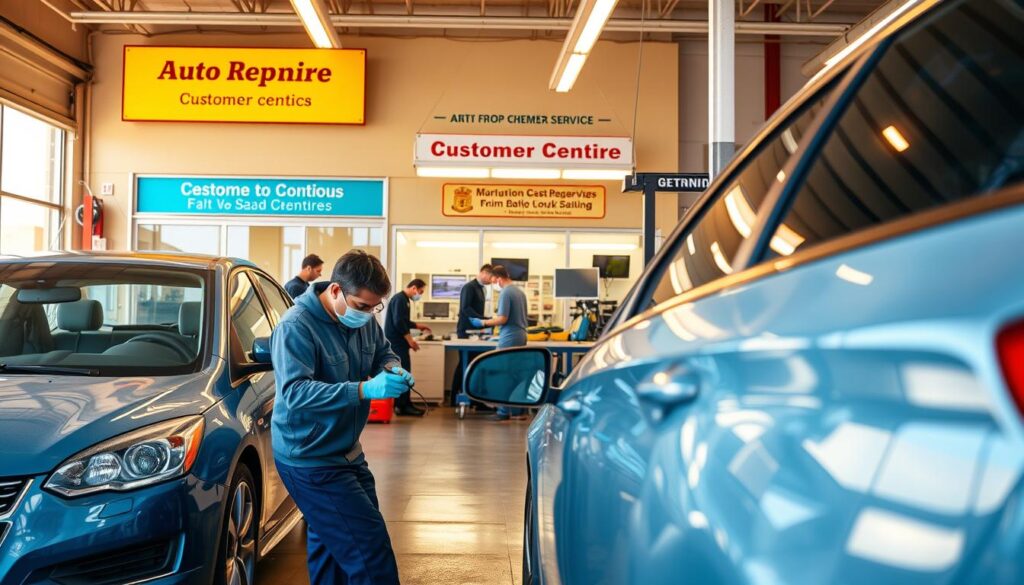 A vibrant auto repair shop in San Antonio, Texas, featuring a team of skilled technicians meticulously restoring vehicles to their former glory. In the foreground, a customer's car undergoing a professional paint repair, the technician carefully blending new paint to seamlessly match the existing color. In the middle ground, the workshop's well-organized workstations and state-of-the-art equipment, exuding an atmosphere of expertise and attention to detail. The background showcases the shop's inviting exterior, with a clean, modern design and a prominent sign highlighting their customer-centric service. Warm, natural lighting illuminates the scene, creating a sense of professionalism and trustworthiness. A vibrant auto repair shop in San Antonio, Texas, featuring a team of skilled technicians meticulously restoring vehicles to their former glory. In the foreground, a customer's car undergoing a professional paint repair, the technician carefully blending new paint to seamlessly match the existing color. In the middle ground, the workshop's well-organized workstations and state-of-the-art equipment, exuding an atmosphere of expertise and attention to detail. The background showcases the shop's inviting exterior, with a clean, modern design and a prominent sign highlighting their customer-centric service. Warm, natural lighting illuminates the scene, creating a sense of professionalism and trustworthiness.
