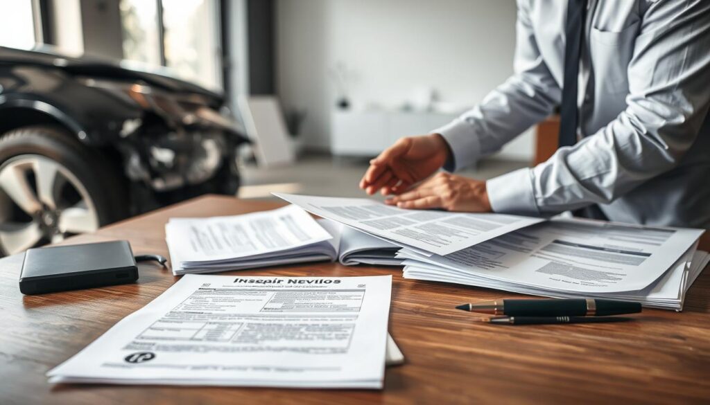A well-documented diminished value claim against an insurance company, showcasing detailed vehicle inspection reports, repair estimates, and supporting evidence. The scene depicts a professional auto appraiser examining a car's damaged exterior under bright, natural lighting, with the paperwork neatly organized on a wooden desk in the foreground. The background features a modern office setting, suggesting a formal negotiation process. The mood is one of diligence and attention to detail, conveying the importance of properly documenting the diminished value of the vehicle to ensure fair compensation.