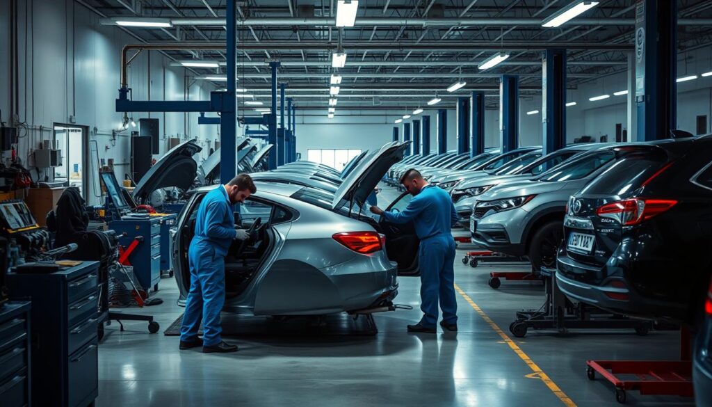 A well-equipped auto body repair shop, with mechanics in blue overalls diligently working on a car, surrounded by rows of tools and equipment. Soft, directional lighting illuminates the scene, casting subtle shadows and highlighting the intricate details of the repair process. The overall atmosphere conveys a sense of professionalism, efficiency, and a commitment to excellence in automotive restoration. In the background, rows of freshly painted vehicles stand ready for delivery, showcasing the high-quality workmanship of the Miracle Body and Paint Collision Center.