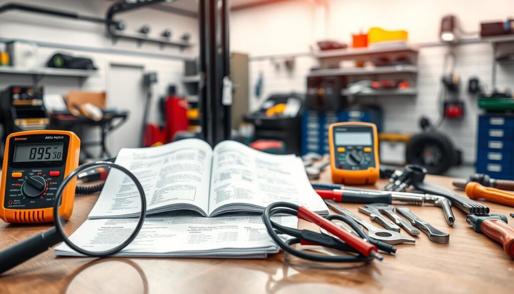 A well-lit and detailed image of an auto mechanic's workbench, featuring various tools, equipment, and reference materials related to car maintenance and repair. The foreground showcases a magnifying glass, a digital multimeter, and a service manual open to a relevant page. In the middle ground, there are wrenches, pliers, and other hand tools neatly organized on the bench. The background depicts a clean, professional auto repair shop environment with shelves of spare parts and diagnostic equipment. The overall atmosphere conveys a sense of diligence, attention to detail, and a commitment to safety and quality. A well-lit and detailed image of an auto mechanic's workbench, featuring various tools, equipment, and reference materials related to car maintenance and repair. The foreground showcases a magnifying glass, a digital multimeter, and a service manual open to a relevant page. In the middle ground, there are wrenches, pliers, and other hand tools neatly organized on the bench. The background depicts a clean, professional auto repair shop environment with shelves of spare parts and diagnostic equipment. The overall atmosphere conveys a sense of diligence, attention to detail, and a commitment to safety and quality.