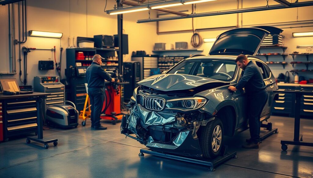 A well-lit auto body shop garage, with a sleek and modern aesthetic. In the foreground, a car's damaged front end is being carefully repaired, with skilled technicians meticulously restoring the damaged panels and components. The middle ground showcases various tools and equipment used in the collision repair process, including an advanced paint mixing station and state-of-the-art welding tools. The background features neatly organized storage areas and a clean, organized workspace, conveying a sense of professionalism and attention to detail. The lighting is warm and directional, casting subtle shadows that accentuate the textures and shapes of the tools and equipment. The overall scene exudes a sense of expertise, efficiency, and a commitment to restoring the vehicle to its original safety and value. A well-lit auto body shop garage, with a sleek and modern aesthetic. In the foreground, a car's damaged front end is being carefully repaired, with skilled technicians meticulously restoring the damaged panels and components. The middle ground showcases various tools and equipment used in the collision repair process, including an advanced paint mixing station and state-of-the-art welding tools. The background features neatly organized storage areas and a clean, organized workspace, conveying a sense of professionalism and attention to detail. The lighting is warm and directional, casting subtle shadows that accentuate the textures and shapes of the tools and equipment. The overall scene exudes a sense of expertise, efficiency, and a commitment to restoring the vehicle to its original safety and value.