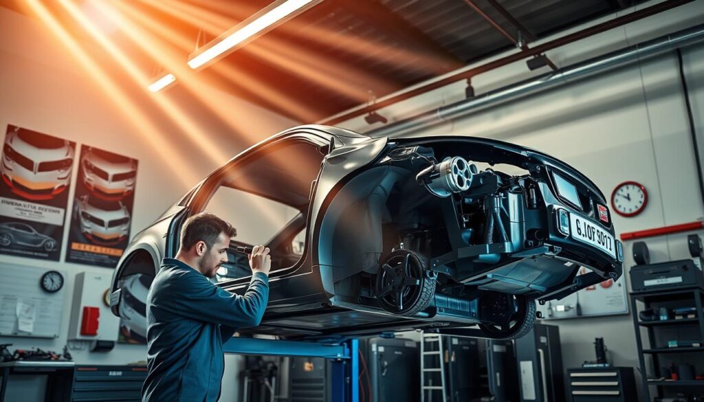 A well-lit auto body shop with a skilled technician closely inspecting the vehicle frame of a car on a hydraulic lift. The technician uses precision tools to meticulously examine the frame for any signs of damage, bends, or misalignment. The shop is equipped with modern diagnostic equipment, and the walls are adorned with automotive posters and certifications, conveying an atmosphere of professionalism and expertise. Beams of warm, directional lighting from above cast shadows on the car's body, highlighting the technician's focused attention to detail. The overall scene radiates a sense of care and attention to the vehicle's structural integrity, ensuring a thorough assessment before any necessary repairs. A well-lit auto body shop with a skilled technician closely inspecting the vehicle frame of a car on a hydraulic lift. The technician uses precision tools to meticulously examine the frame for any signs of damage, bends, or misalignment. The shop is equipped with modern diagnostic equipment, and the walls are adorned with automotive posters and certifications, conveying an atmosphere of professionalism and expertise. Beams of warm, directional lighting from above cast shadows on the car's body, highlighting the technician's focused attention to detail. The overall scene radiates a sense of care and attention to the vehicle's structural integrity, ensuring a thorough assessment before any necessary repairs.