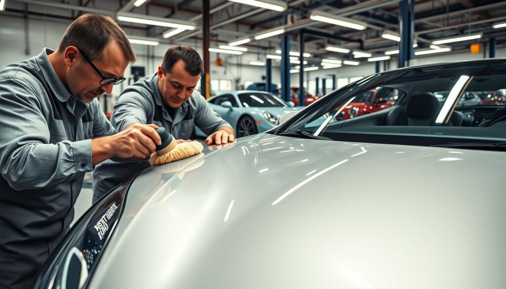 A well-lit, high-resolution image of skilled technicians meticulously hand-polishing the gleaming finish of a luxury sports car in a professional auto repair garage. The foreground shows their focused expressions and steady hands as they buff the smooth, flawless paint to a mirror-like shine. The middle ground reveals the state-of-the-art tools and equipment they use, while the background depicts the clean, organized workspace filled with other expertly repaired vehicles. The overall scene conveys the care, precision, and expertise required to restore a damaged vehicle to showroom condition. A well-lit, high-resolution image of skilled technicians meticulously hand-polishing the gleaming finish of a luxury sports car in a professional auto repair garage. The foreground shows their focused expressions and steady hands as they buff the smooth, flawless paint to a mirror-like shine. The middle ground reveals the state-of-the-art tools and equipment they use, while the background depicts the clean, organized workspace filled with other expertly repaired vehicles. The overall scene conveys the care, precision, and expertise required to restore a damaged vehicle to showroom condition.