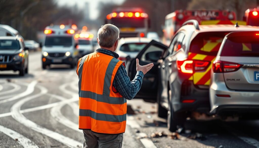 A well-lit, high-resolution photograph of a safety-conscious person at the scene of a car accident. The person is wearing a reflective safety vest, standing cautiously near the damaged vehicles, and gesturing to other drivers to slow down and proceed with caution. The background shows skid marks, debris, and emergency vehicles with flashing lights, creating a sense of urgency and the need for safe, responsible actions. The lighting is bright and natural, capturing the scene in crisp detail. The composition places the central figure in the foreground, with the accident details receding into the middle and background, emphasizing the importance of personal safety before any vehicle repair work begins. A well-lit, high-resolution photograph of a safety-conscious person at the scene of a car accident. The person is wearing a reflective safety vest, standing cautiously near the damaged vehicles, and gesturing to other drivers to slow down and proceed with caution. The background shows skid marks, debris, and emergency vehicles with flashing lights, creating a sense of urgency and the need for safe, responsible actions. The lighting is bright and natural, capturing the scene in crisp detail. The composition places the central figure in the foreground, with the accident details receding into the middle and background, emphasizing the importance of personal safety before any vehicle repair work begins.