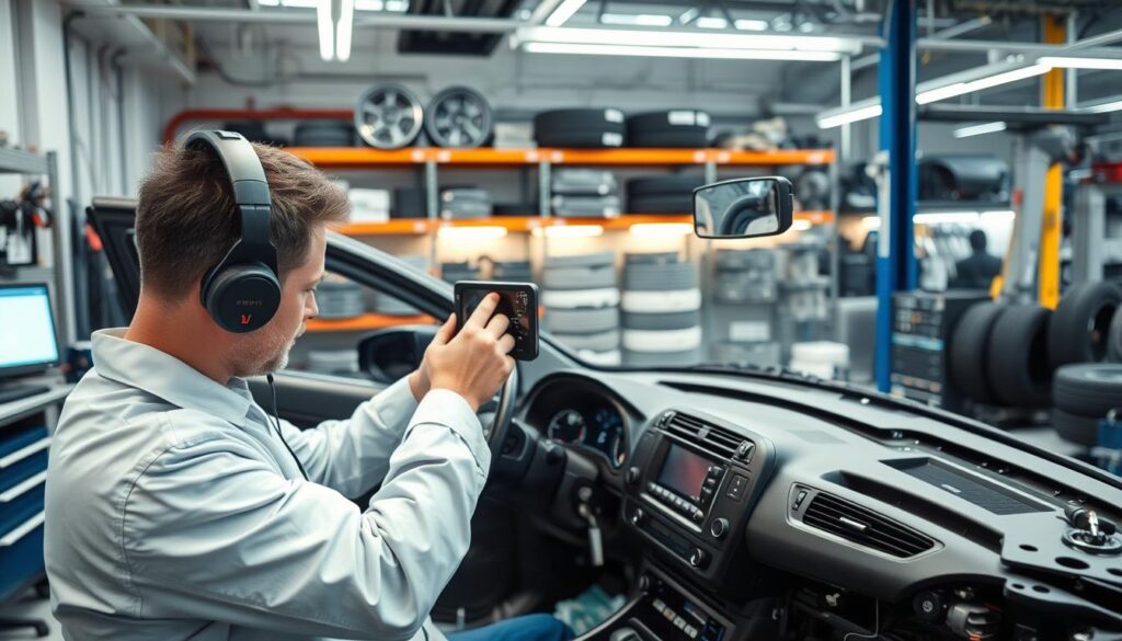 A well-lit professional automotive repair workshop with various tools and equipment, including diagnostic computers, calibration devices, and measurement tools. In the foreground, a technician in a clean uniform carefully adjusts and fine-tunes the advanced safety systems of a partially disassembled vehicle, the dashboard and control modules exposed. The middle ground features a range of replacement parts and components, neatly organized on shelves. The background showcases the workshop's state-of-the-art equipment, such as alignment rigs, tire balancers, and advanced scanning tools, all illuminated by the warm glow of task lighting. The scene conveys a sense of precision, expertise, and dedication to restoring the vehicle's comprehensive safety features. A well-lit professional automotive repair workshop with various tools and equipment, including diagnostic computers, calibration devices, and measurement tools. In the foreground, a technician in a clean uniform carefully adjusts and fine-tunes the advanced safety systems of a partially disassembled vehicle, the dashboard and control modules exposed. The middle ground features a range of replacement parts and components, neatly organized on shelves. The background showcases the workshop's state-of-the-art equipment, such as alignment rigs, tire balancers, and advanced scanning tools, all illuminated by the warm glow of task lighting. The scene conveys a sense of precision, expertise, and dedication to restoring the vehicle's comprehensive safety features.