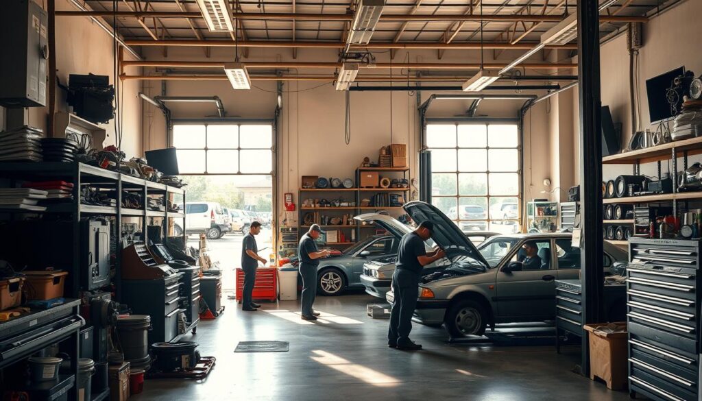 A well-lit, spacious auto repair shop interior, with a mix of modern and vintage equipment. In the foreground, a team of skilled mechanics diligently working on a customer's car, surrounded by a variety of tools and parts. The middle ground features neatly organized shelves stocked with an array of replacement components. In the background, large bay doors allow natural light to stream in, casting a warm, inviting glow over the scene. The atmosphere is one of professionalism, efficiency, and a commitment to providing top-quality service to the local community. A well-lit, spacious auto repair shop interior, with a mix of modern and vintage equipment. In the foreground, a team of skilled mechanics diligently working on a customer's car, surrounded by a variety of tools and parts. The middle ground features neatly organized shelves stocked with an array of replacement components. In the background, large bay doors allow natural light to stream in, casting a warm, inviting glow over the scene. The atmosphere is one of professionalism, efficiency, and a commitment to providing top-quality service to the local community.