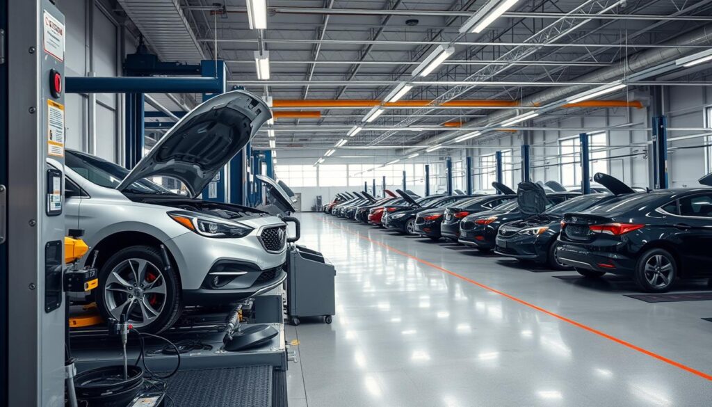 A well-lit, spacious quality control collision center where technicians meticulously inspect every repaired vehicle. In the foreground, a car on a lift undergoes a comprehensive safety check, with precision tools and diagnostic equipment surrounding it. The middle ground features rows of cars in various stages of repair, each receiving individualized attention. In the background, an open-concept workshop with high ceilings, large windows, and modern lighting, creating a sense of professionalism and attention to detail. The atmosphere conveys a commitment to delivering long-lasting, high-quality results, ensuring the safety and satisfaction of every customer. A well-lit, spacious quality control collision center where technicians meticulously inspect every repaired vehicle. In the foreground, a car on a lift undergoes a comprehensive safety check, with precision tools and diagnostic equipment surrounding it. The middle ground features rows of cars in various stages of repair, each receiving individualized attention. In the background, an open-concept workshop with high ceilings, large windows, and modern lighting, creating a sense of professionalism and attention to detail. The atmosphere conveys a commitment to delivering long-lasting, high-quality results, ensuring the safety and satisfaction of every customer.