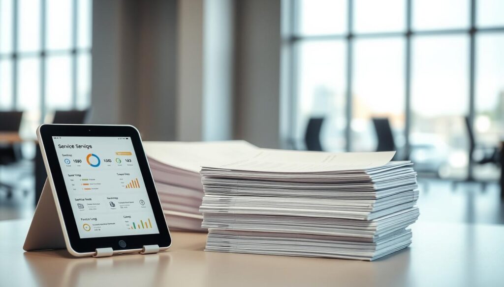 A well-organized fleet management service log system, featuring a clean, minimalist digital interface. In the foreground, a tablet displays various service data metrics, with intuitive icons and clean typography. The middle ground showcases a neatly arranged stack of physical service logs, each labeled and color-coded for easy reference. In the background, a sleek, modern office environment with large windows allowing natural light to filter in, creating a calm and professional atmosphere. The overall scene conveys efficiency, attention to detail, and a commitment to streamlining fleet maintenance operations.