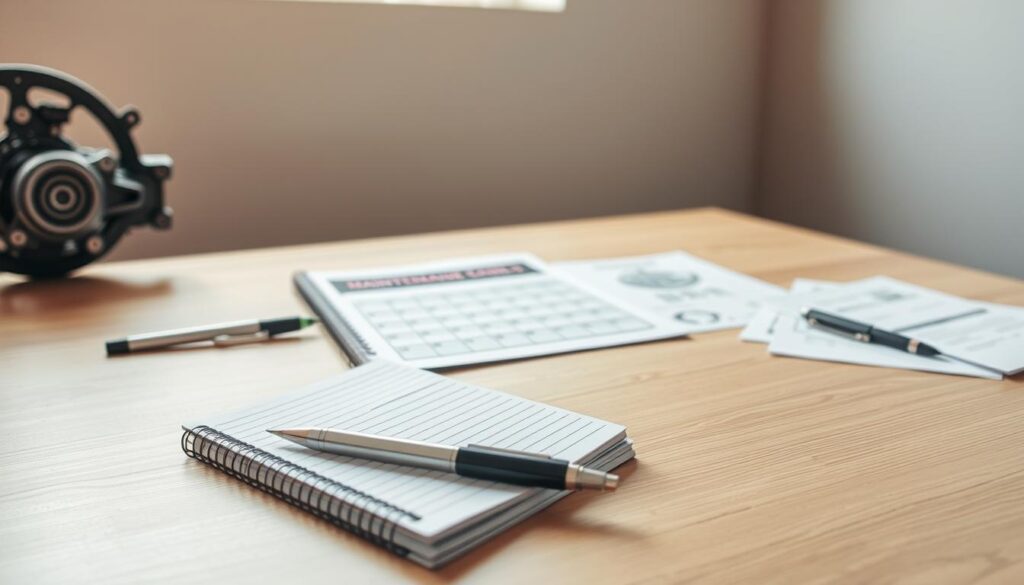 A well-organized maintenance schedule on a clean, wooden desk, softly illuminated by warm, natural light from a large window. In the foreground, a lined notebook and a pen lie next to a mechanical device, such as a car part or tool, representing the specific focus on auto body repair. The middle ground features a calendar, a checklist, and neatly organized maintenance records, conveying a sense of order and attention to detail. In the background, a neutral, slightly blurred wall provides a clean, minimalist backdrop, emphasizing the importance of this maintenance schedule in the context of the article's subject matter. A well-organized maintenance schedule on a clean, wooden desk, softly illuminated by warm, natural light from a large window. In the foreground, a lined notebook and a pen lie next to a mechanical device, such as a car part or tool, representing the specific focus on auto body repair. The middle ground features a calendar, a checklist, and neatly organized maintenance records, conveying a sense of order and attention to detail. In the background, a neutral, slightly blurred wall provides a clean, minimalist backdrop, emphasizing the importance of this maintenance schedule in the context of the article's subject matter.