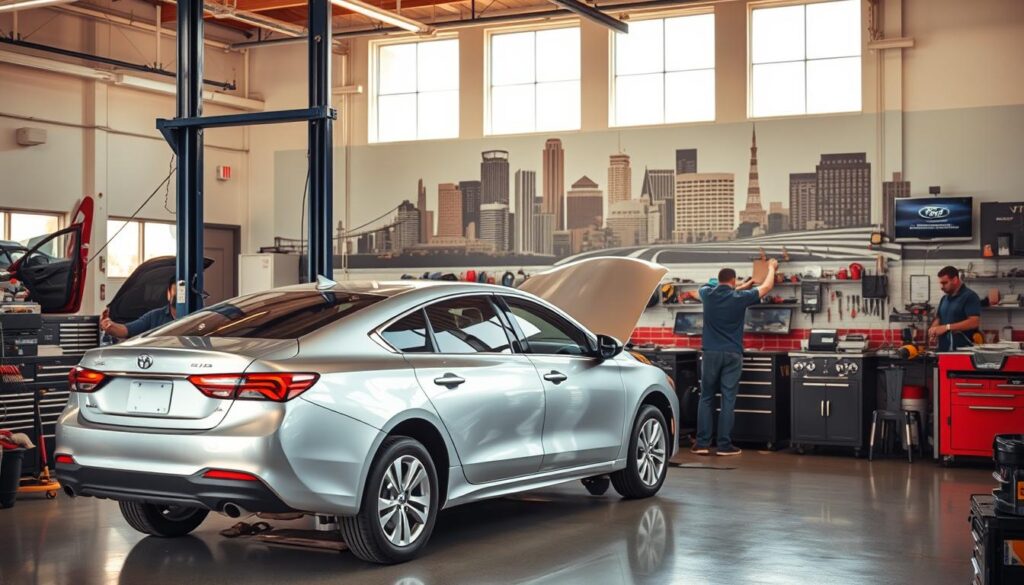 An auto body shop in San Antonio, Texas, featuring a well-lit, modern interior with high ceilings and large windows. In the foreground, a sleek, silver sedan is undergoing repairs, with mechanics diligently working on the vehicle. The middle ground showcases various tools and equipment, organized neatly on workbenches. In the background, a mural depicting the city skyline adds a vibrant, local touch to the scene. Warm, natural lighting filters in, creating a welcoming and professional atmosphere. The overall composition conveys a sense of expertise, efficiency, and the high-quality service that San Antonio drivers have come to expect from Miracle Body and Paint Collision Center.